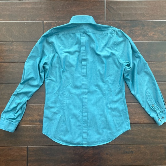 Express Fitted Button Down Dress Shirt Teal Blue Medium Size 15-15 1/2 - Picture 2 of 10